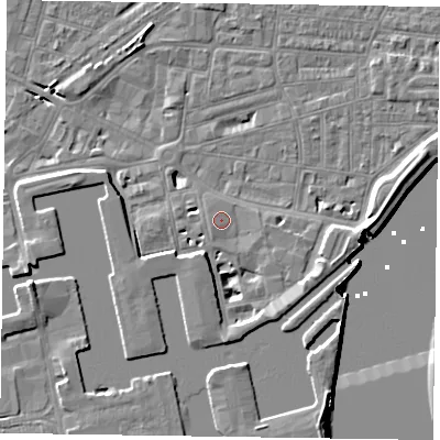 Shaded relief map of the ground around DN145QP, computed from Environment Agency LiDAR. The ground here sits at about 4 m above sea level and falls 8 m across the surrounding 800 m. Surface water reaching this point runs off ground lying to the south-south-west, 4.5 m higher.