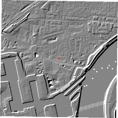 Shaded relief map of the ground around DN145QU, computed from Environment Agency LiDAR. The ground here sits at about 3 m above sea level and falls 7 m across the surrounding 800 m. Surface water reaching this point runs off ground lying to the north-east, 0.5 m higher.