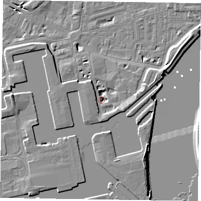 Shaded relief map of the ground around DN145QW, computed from Environment Agency LiDAR. The ground here sits at about 4 m above sea level and falls 8 m across the surrounding 800 m. Surface water reaching this point runs off ground lying to the south, 4.2 m higher.