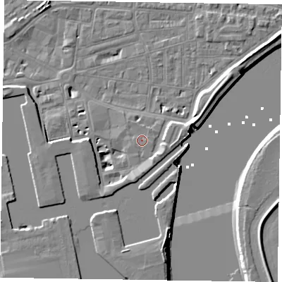 Shaded relief map of the ground around DN145QX, computed from Environment Agency LiDAR. The ground here sits at about 4 m above sea level and falls 7 m across the surrounding 800 m. The ground contributing surface water to this point lies to the east.