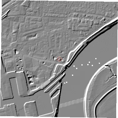 Shaded relief map of the ground around DN145RA, computed from Environment Agency LiDAR. The ground here sits at about 4 m above sea level and falls 7 m across the surrounding 800 m. Surface water reaching this point runs off ground lying to the east-north-east, 4.5 m higher.