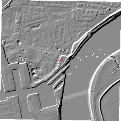 Shaded relief map of the ground around DN145RB, computed from Environment Agency LiDAR. The ground here sits at about 6 m above sea level and falls 7 m across the surrounding 800 m. Surface water reaching this point runs off ground lying to the east-south-east, 2.2 m higher.