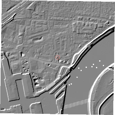 Shaded relief map of the ground around DN145RE, computed from Environment Agency LiDAR. The ground here sits at about 4 m above sea level and falls 7 m across the surrounding 800 m. Surface water reaching this point runs off ground lying to the south-south-west, 2.4 m higher.