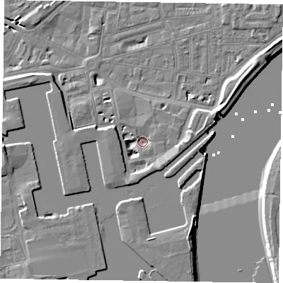 Shaded relief map of the ground around DN145RJ, computed from Environment Agency LiDAR. The ground here sits at about 3 m above sea level and falls 8 m across the surrounding 800 m. Surface water reaching this point runs off ground lying to the west-north-west, 4.5 m higher.