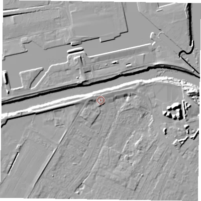 Shaded relief map of the ground around DN145RL, computed from Environment Agency LiDAR. The ground here sits at about 5 m above sea level and falls 12 m across the surrounding 800 m. Surface water reaching this point runs off ground lying to the west-north-west, 2.3 m higher.