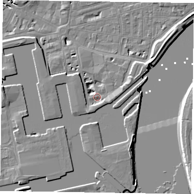 Shaded relief map of the ground around DN145RQ, computed from Environment Agency LiDAR. The ground here sits at about 4 m above sea level and falls 8 m across the surrounding 800 m. Surface water reaching this point runs off ground lying to the south-south-west, 2.3 m higher.