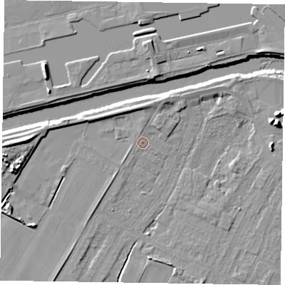 Shaded relief map of the ground around DN145RR, computed from Environment Agency LiDAR. The ground here sits at about 4 m above sea level and falls 10 m across the surrounding 800 m. Surface water reaching this point runs off ground lying to the north-north-east, 2.5 m higher.
