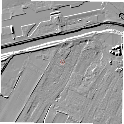 Shaded relief map of the ground around DN145RS, computed from Environment Agency LiDAR. The ground here sits at about 4 m above sea level and falls 12 m across the surrounding 800 m. Surface water reaching this point runs off ground lying to the north, 1.6 m higher.