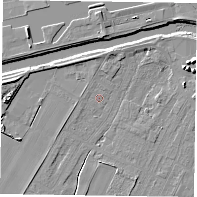 Shaded relief map of the ground around DN145RT, computed from Environment Agency LiDAR. The ground here sits at about 3 m above sea level and falls 12 m across the surrounding 800 m. Surface water reaching this point runs off ground lying to the west, 1.0 m higher.