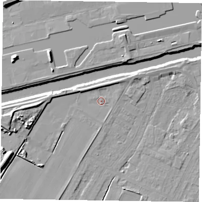 Shaded relief map of the ground around DN145RW, computed from Environment Agency LiDAR. The ground here sits at about 4 m above sea level and falls 11 m across the surrounding 800 m. Surface water reaching this point runs off ground lying to the north-east, 3.3 m higher.