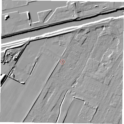Shaded relief map of the ground around DN145RX, computed from Environment Agency LiDAR. The ground here sits at about 4 m above sea level and falls 11 m across the surrounding 800 m. Surface water reaching this point runs off ground lying to the north-north-east, 2.7 m higher.