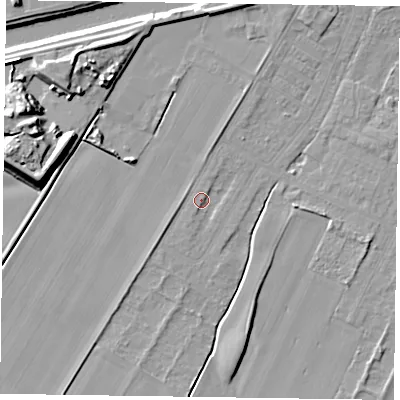Shaded relief map of the ground around DN145RY, computed from Environment Agency LiDAR. The ground here sits at about 3 m above sea level and falls 12 m across the surrounding 800 m. Surface water reaching this point runs off ground lying to the south-west, 2.0 m higher.