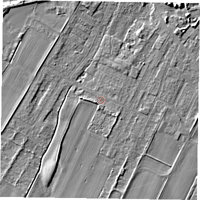 Shaded relief map of the ground around DN145SB, computed from Environment Agency LiDAR. The ground here sits at about 3 m above sea level and falls 10 m across the surrounding 800 m. Surface water reaching this point runs off ground lying to the west-south-west, 1.6 m higher.