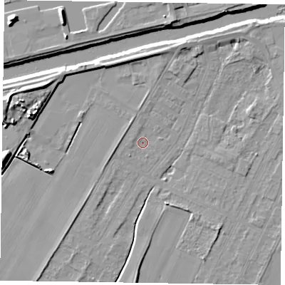 Shaded relief map of the ground around DN145SF, computed from Environment Agency LiDAR. The ground here sits at about 3 m above sea level and falls 11 m across the surrounding 800 m. Surface water reaching this point runs off ground lying to the north, 1.1 m higher.