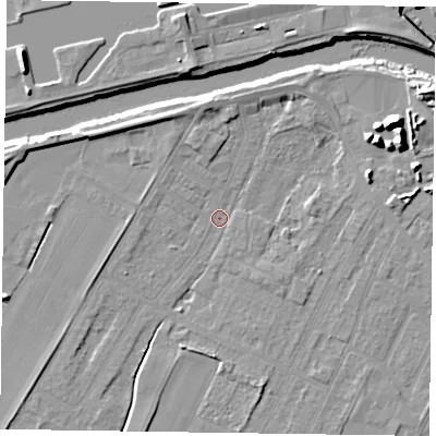 Shaded relief map of the ground around DN145SG, computed from Environment Agency LiDAR. The ground here sits at about 3 m above sea level and falls 12 m across the surrounding 800 m. Surface water reaching this point runs off ground lying to the east-north-east, 9.7 m higher.