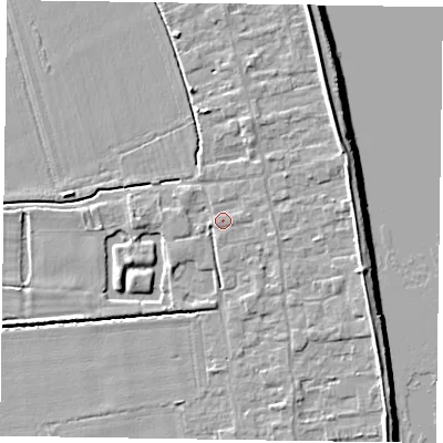 Shaded relief map of the ground around DN145SH, computed from Environment Agency LiDAR. The ground here sits at about 4 m above sea level and falls 7 m across the surrounding 800 m. Surface water reaching this point runs off ground lying to the west-south-west, 1.3 m higher.