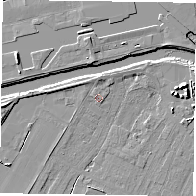 Shaded relief map of the ground around DN145SJ, computed from Environment Agency LiDAR. The ground here sits at about 5 m above sea level and falls 12 m across the surrounding 800 m. Surface water reaching this point runs off ground lying to the north-north-west, 1.5 m higher.