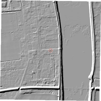 Shaded relief map of the ground around DN145SL, computed from Environment Agency LiDAR. The ground here sits at about 4 m above sea level and falls 10 m across the surrounding 800 m. Surface water reaching this point runs off ground lying to the east, 3.0 m higher.