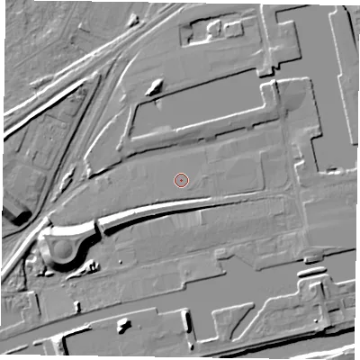 Shaded relief map of the ground around DN145SP, computed from Environment Agency LiDAR. The ground here sits at about 5 m above sea level and falls 12 m across the surrounding 800 m. Surface water reaching this point runs off ground lying to the south, 0.5 m higher.