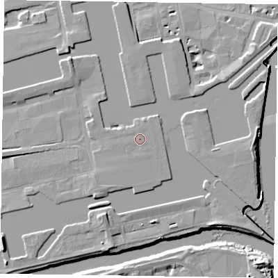 Shaded relief map of the ground around DN145SS, computed from Environment Agency LiDAR. The ground here sits at about 6 m above sea level and falls 11 m across the surrounding 800 m. Surface water reaching this point runs off ground lying to the south-west, 0.9 m higher.