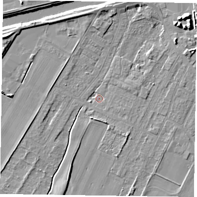 Shaded relief map of the ground around DN145SW, computed from Environment Agency LiDAR. The ground here sits at about 3 m above sea level and falls 11 m across the surrounding 800 m. Surface water reaching this point runs off ground lying to the east-north-east, 2.1 m higher.