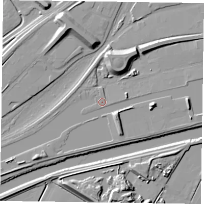 Shaded relief map of the ground around DN145SY, computed from Environment Agency LiDAR. The ground here sits at about 6 m above sea level and falls 14 m across the surrounding 800 m. Surface water reaching this point runs off ground lying to the east-north-east, 4.0 m higher.
