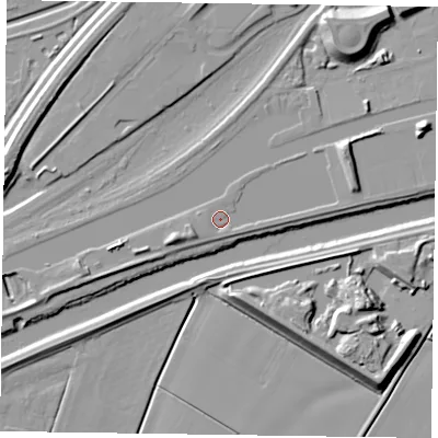 Shaded relief map of the ground around DN145TB, computed from Environment Agency LiDAR. The ground here sits at about 5 m above sea level and falls 14 m across the surrounding 800 m. Surface water reaching this point runs off ground lying to the east-north-east, 5.6 m higher.