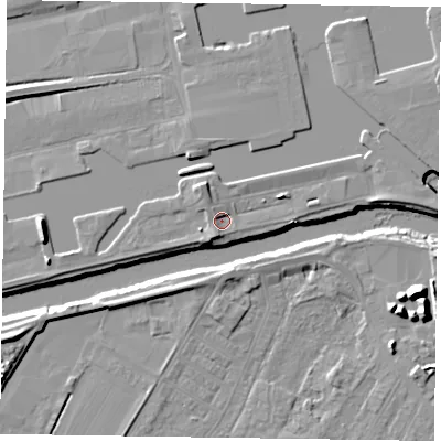 Shaded relief map of the ground around DN145TD, computed from Environment Agency LiDAR. The ground here sits at about 5 m above sea level and falls 12 m across the surrounding 800 m. Surface water reaching this point runs off ground lying to the east-north-east, 2.5 m higher.