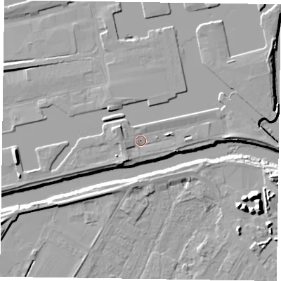 Shaded relief map of the ground around DN145TE, computed from Environment Agency LiDAR. The ground here sits at about 5 m above sea level and falls 12 m across the surrounding 800 m. Surface water reaching this point runs off ground lying to the west-north-west, 3.4 m higher.