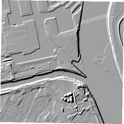 Shaded relief map of the ground around DN145TG, computed from Environment Agency LiDAR. The ground here sits at about 6 m above sea level and falls 12 m across the surrounding 800 m. Surface water reaching this point runs off ground lying to the south-east, 0.5 m higher.