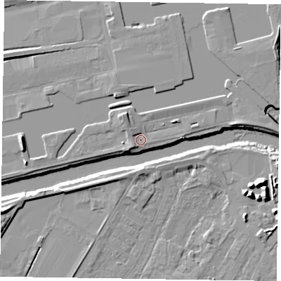 Shaded relief map of the ground around DN145TH, computed from Environment Agency LiDAR. The ground here sits at about 5 m above sea level and falls 12 m across the surrounding 800 m. Surface water reaching this point runs off ground lying to the east-north-east, 2.5 m higher.