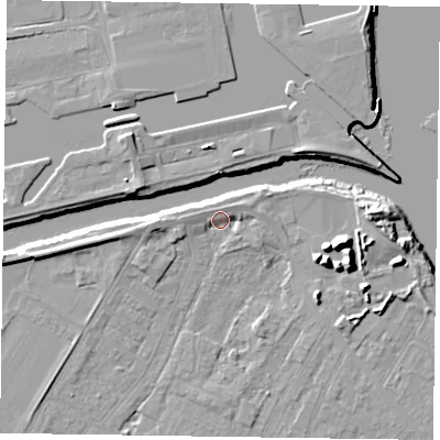 Shaded relief map of the ground around DN145TJ, computed from Environment Agency LiDAR. The ground here sits at about 5 m above sea level and falls 12 m across the surrounding 800 m. Surface water reaching this point runs off ground lying to the west-north-west, 2.4 m higher.