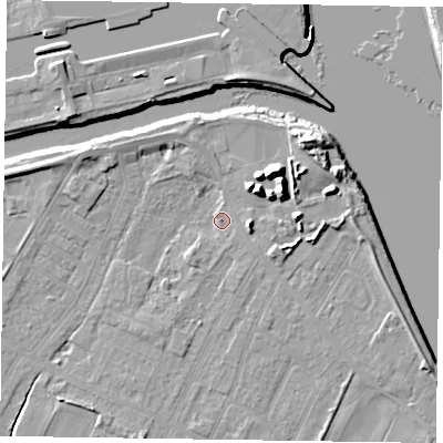 Shaded relief map of the ground around DN145TN, computed from Environment Agency LiDAR. The ground here sits at about 3 m above sea level and falls 12 m across the surrounding 800 m. Surface water reaching this point runs off ground lying to the north-east, 9.4 m higher.