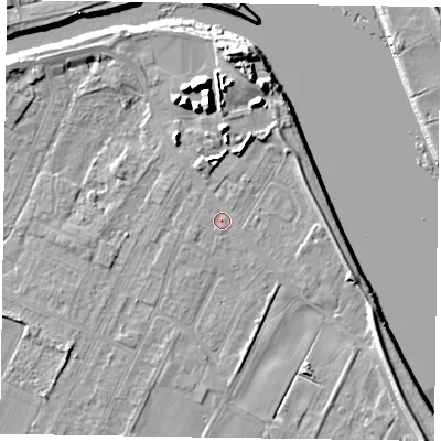 Shaded relief map of the ground around DN145TP, computed from Environment Agency LiDAR. The ground here sits at about 4 m above sea level and falls 12 m across the surrounding 800 m. Surface water reaching this point runs off ground lying to the north-north-east, 5.7 m higher.