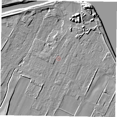 Shaded relief map of the ground around DN145TR, computed from Environment Agency LiDAR. The ground here sits at about 3 m above sea level and falls 12 m across the surrounding 800 m. Surface water reaching this point runs off ground lying to the north-north-east, 1.2 m higher.