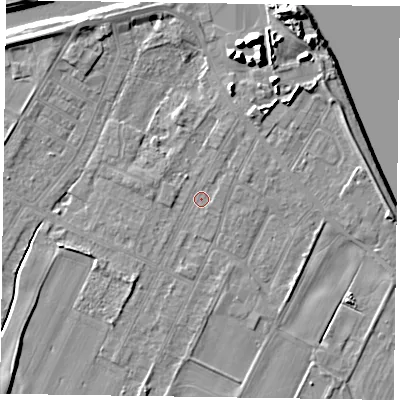 Shaded relief map of the ground around DN145TS, computed from Environment Agency LiDAR. The ground here sits at about 3 m above sea level and falls 12 m across the surrounding 800 m. Surface water reaching this point runs off ground lying to the north-north-east, 0.9 m higher.