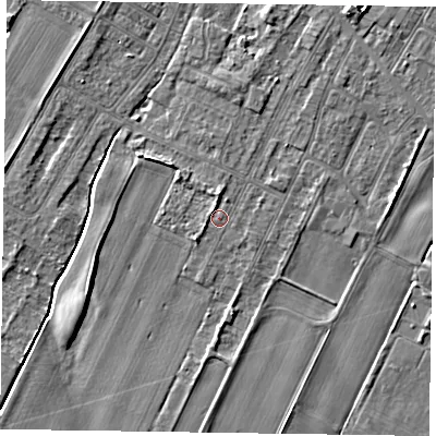 Shaded relief map of the ground around DN145TT, computed from Environment Agency LiDAR. The ground here sits at about 3 m above sea level and falls 5 m across the surrounding 800 m. Surface water reaching this point runs off ground lying to the north, 1.8 m higher.