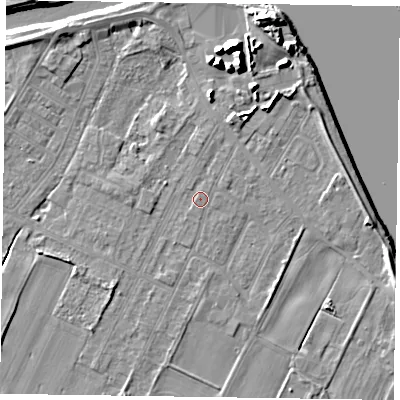 Shaded relief map of the ground around DN145TY, computed from Environment Agency LiDAR. The ground here sits at about 4 m above sea level and falls 12 m across the surrounding 800 m. Surface water reaching this point runs off ground lying to the north-north-east, 0.9 m higher.