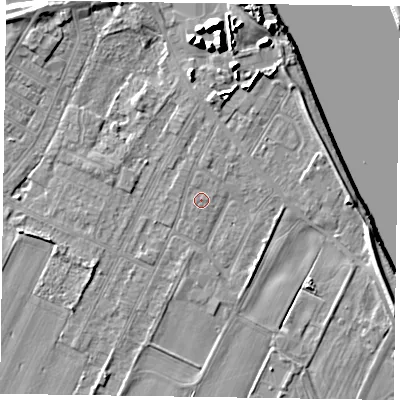 Shaded relief map of the ground around DN145TZ, computed from Environment Agency LiDAR. The ground here sits at about 4 m above sea level and falls 12 m across the surrounding 800 m. Surface water reaching this point runs off ground lying to the north, 0.5 m higher.