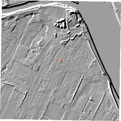 Shaded relief map of the ground around DN145UA, computed from Environment Agency LiDAR. The ground here sits at about 4 m above sea level and falls 12 m across the surrounding 800 m. The ground contributing surface water to this point lies to the north-north-east.