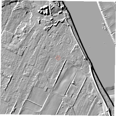 Shaded relief map of the ground around DN145UB, computed from Environment Agency LiDAR. The ground here sits at about 3 m above sea level and falls 13 m across the surrounding 800 m. Surface water reaching this point runs off ground lying to the north, 6.4 m higher.
