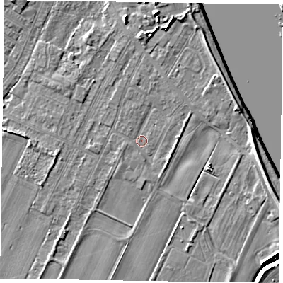 Shaded relief map of the ground around DN145UE, computed from Environment Agency LiDAR. The ground here sits at about 3 m above sea level and falls 8 m across the surrounding 800 m. Surface water reaching this point runs off ground lying to the west-south-west, 0.9 m higher.