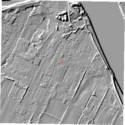 Shaded relief map of the ground around DN145UG, computed from Environment Agency LiDAR. The ground here sits at about 3 m above sea level and falls 12 m across the surrounding 800 m. Surface water reaching this point runs off ground lying to the north-north-west, 0.5 m higher.