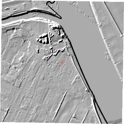 Shaded relief map of the ground around DN145UJ, computed from Environment Agency LiDAR. The ground here sits at about 4 m above sea level and falls 13 m across the surrounding 800 m. Surface water reaching this point runs off ground lying to the north-north-west, 2.8 m higher.