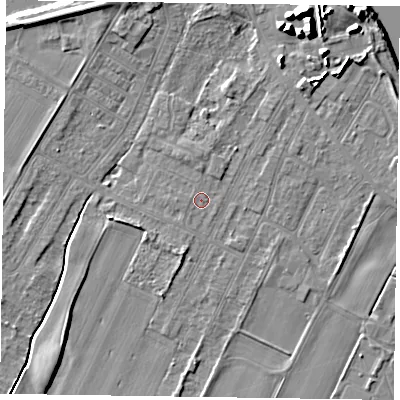 Shaded relief map of the ground around DN145UP, computed from Environment Agency LiDAR. The ground here sits at about 3 m above sea level and falls 12 m across the surrounding 800 m. Surface water reaching this point runs off ground lying to the north, 1.0 m higher.