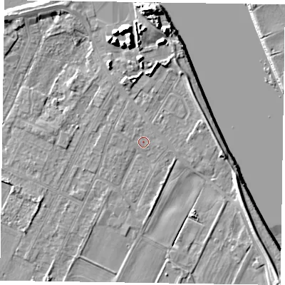 Shaded relief map of the ground around DN145UQ, computed from Environment Agency LiDAR. The ground here sits at about 3 m above sea level and falls 13 m across the surrounding 800 m. Surface water reaching this point runs off ground lying to the north-west, 1.2 m higher.