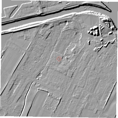Shaded relief map of the ground around DN145US, computed from Environment Agency LiDAR. The ground here sits at about 3 m above sea level and falls 12 m across the surrounding 800 m. Surface water reaching this point runs off ground lying to the east-north-east, 1.8 m higher.