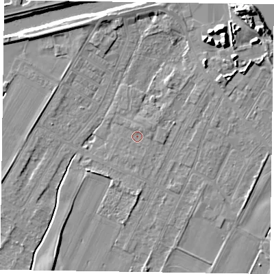 Shaded relief map of the ground around DN145UT, computed from Environment Agency LiDAR. The ground here sits at about 3 m above sea level and falls 12 m across the surrounding 800 m. Surface water reaching this point runs off ground lying to the north-north-west, 0.9 m higher.