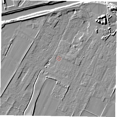 Shaded relief map of the ground around DN145UU, computed from Environment Agency LiDAR. The ground here sits at about 3 m above sea level and falls 12 m across the surrounding 800 m. Surface water reaching this point runs off ground lying to the east, 1.3 m higher.