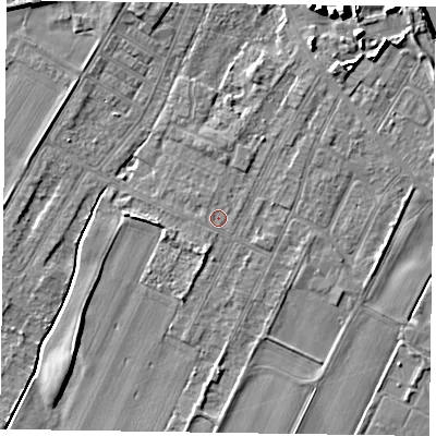 Shaded relief map of the ground around DN145UW, computed from Environment Agency LiDAR. The ground here sits at about 3 m above sea level and falls 11 m across the surrounding 800 m. Surface water reaching this point runs off ground lying to the north, 1.0 m higher.